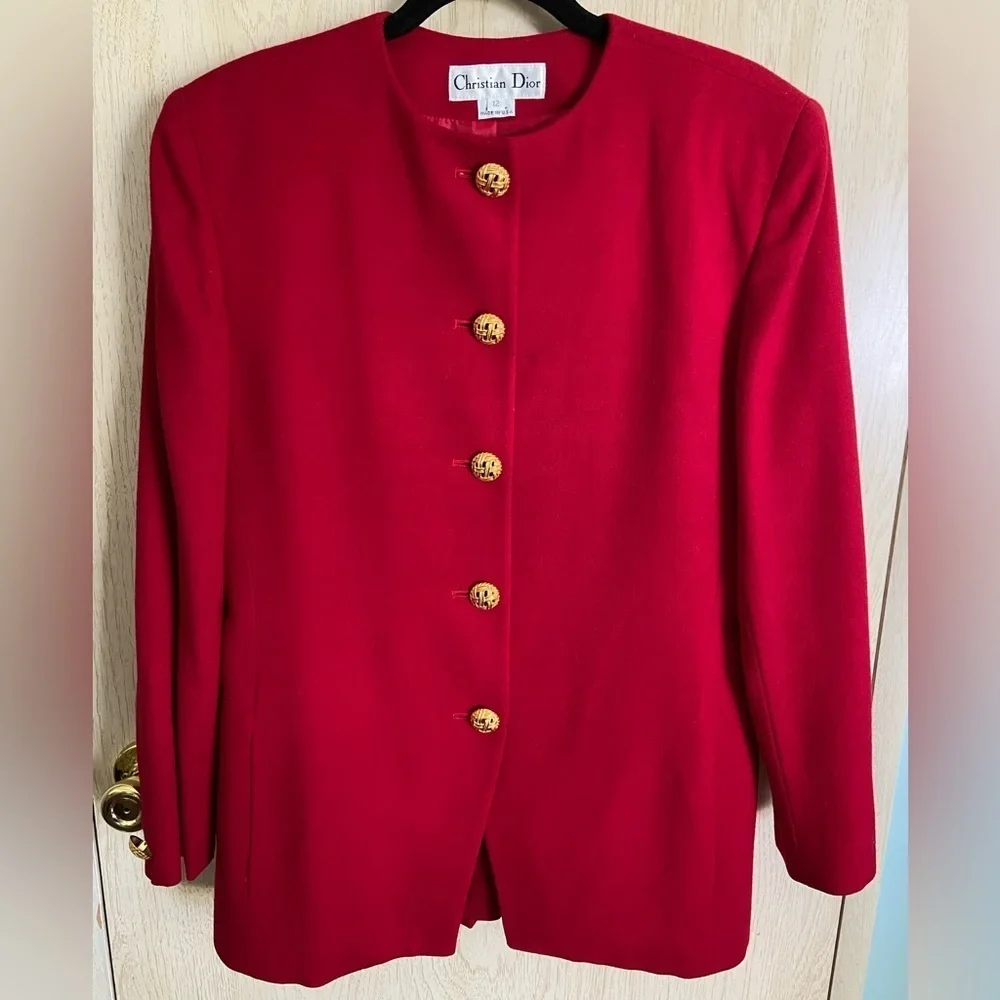 CHRISTIAN DIOR Vintage Pure Red Full Suit w/Pleat Skirt Gold Buttons sz 12